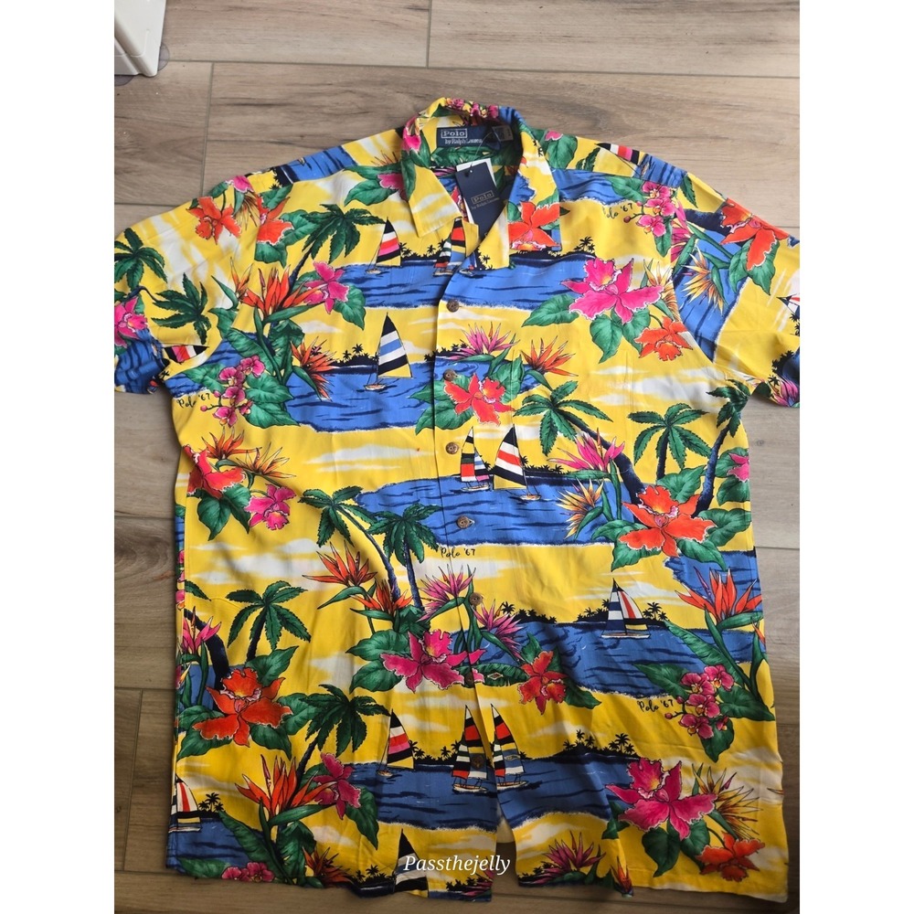Polo Ralph Lauren Hawaiian Shirt Mens LT Tropical Floral Aloha Beach 67 Camp